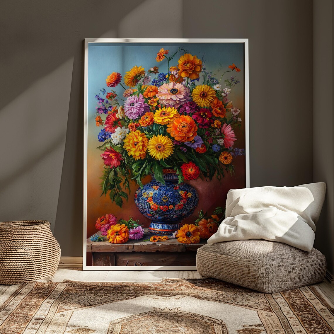 Vivid Sunflower Daisy Zinnia Bouquet Blue Mexican Vase Floral Poster - Image 4