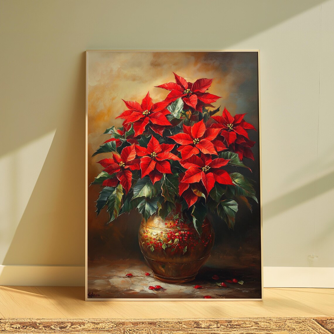 Red Poinsettia Copper Vase Moody Christmas Floral Still Life Poster