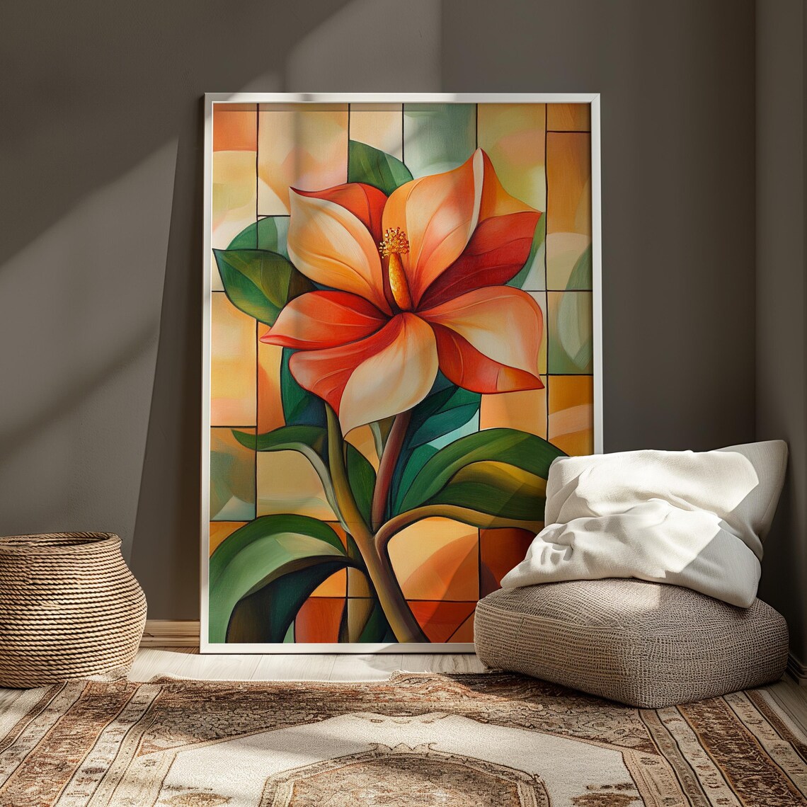 Coral Hibiscus Bloom Stained Glass Grid Orange Floral Poster - Image 3