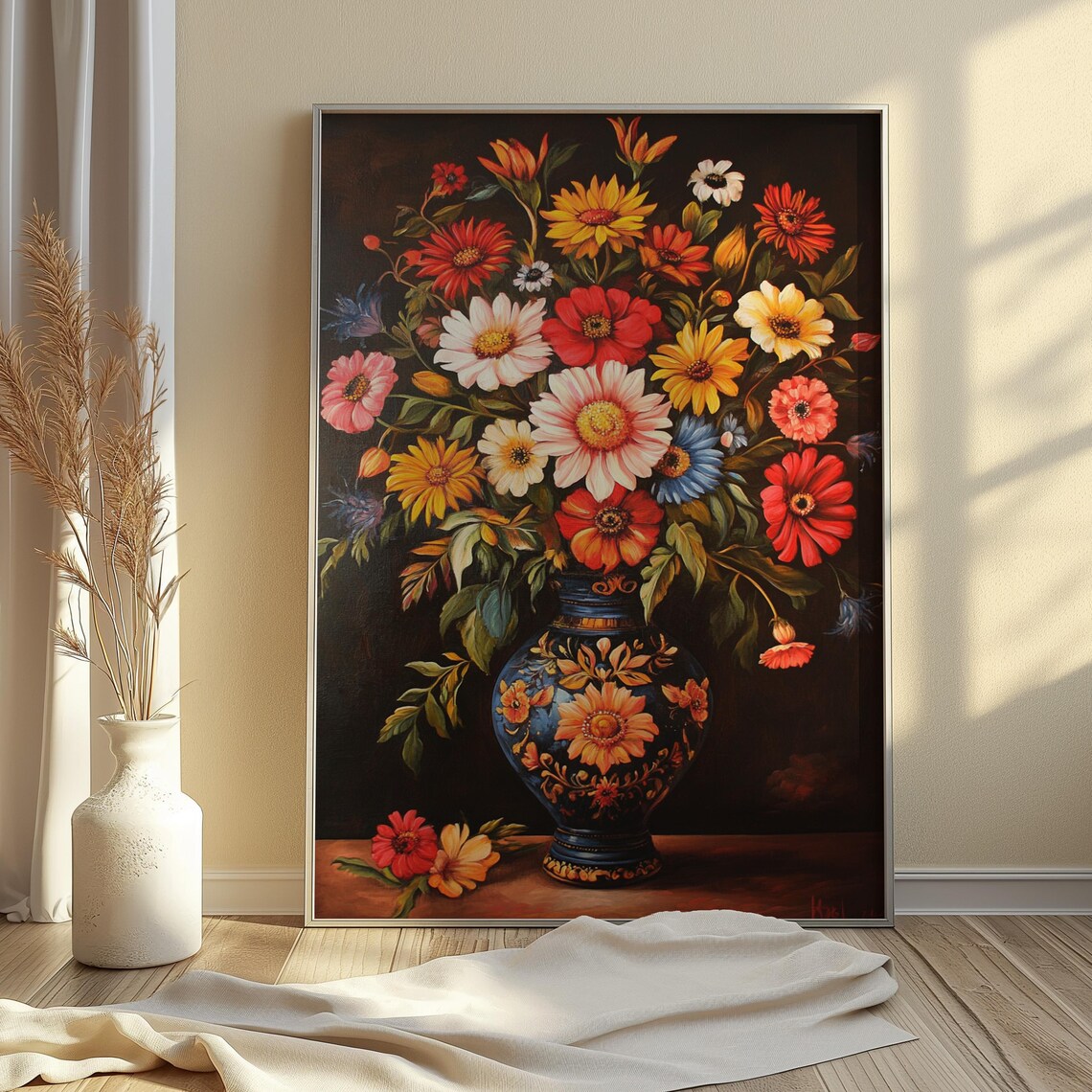 Classic Zinnia Daisy Bouquet Dark Blue Ornate Vase Moody Floral Poster - Image 3