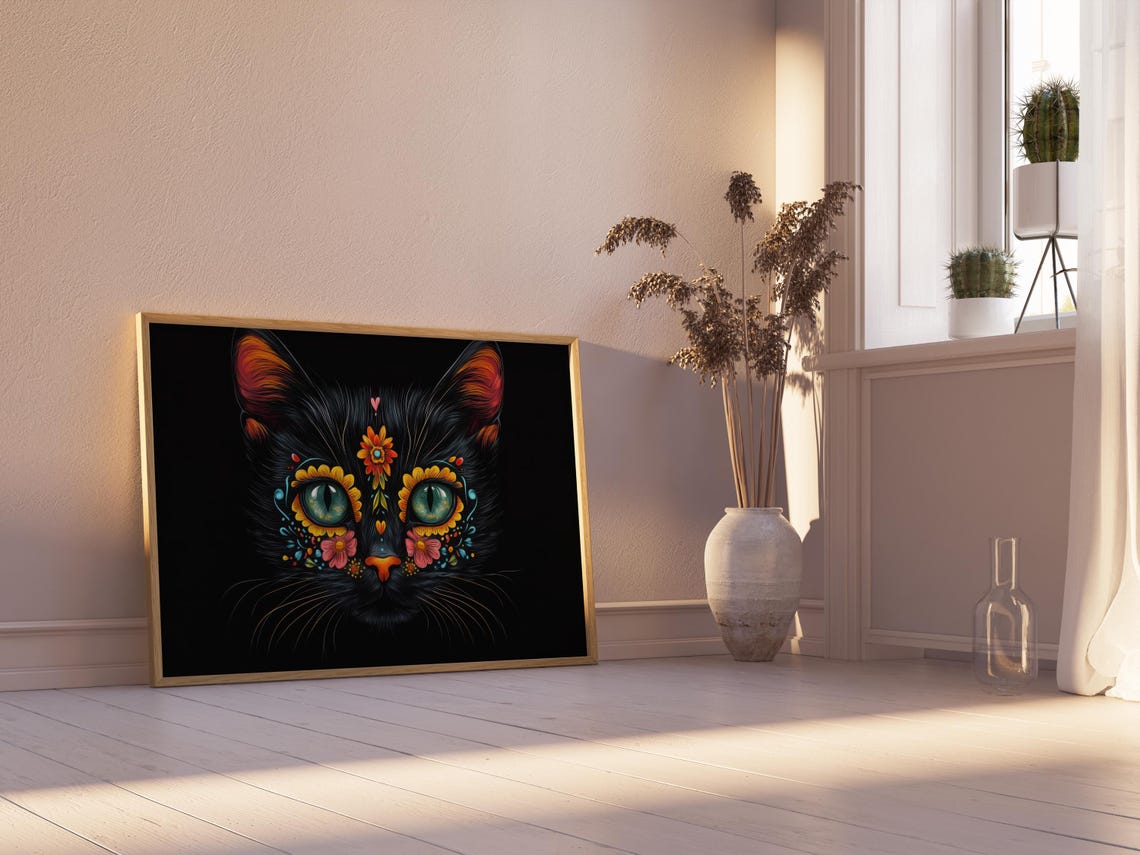 Black Cat Floral Face Marigold Bloom Green Eyes Day of Dead Wall Art - Image 2