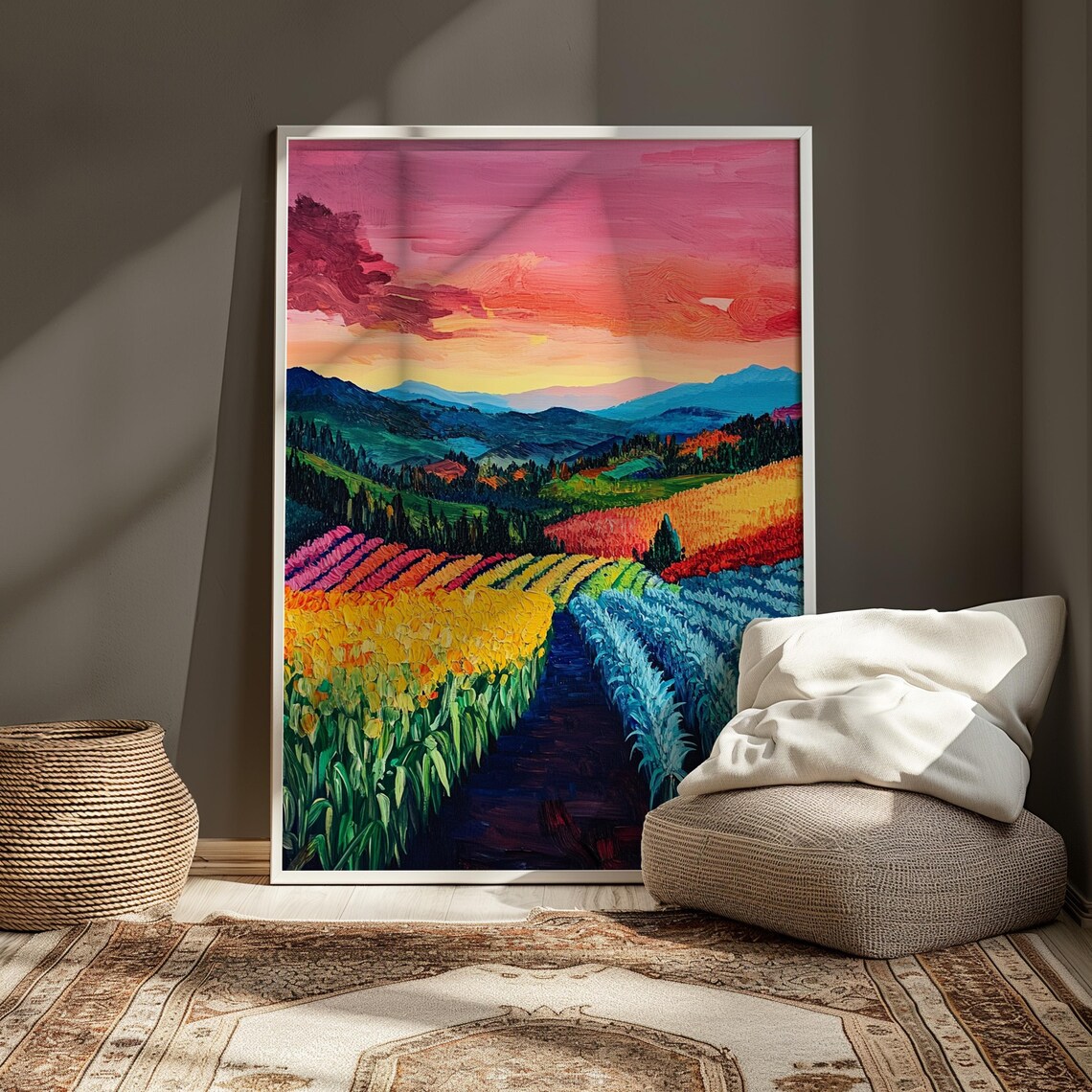 Colorful Crop Rows Pink Sunset Sky Blue Mountains Flower Field Landscape Poster - Image 3
