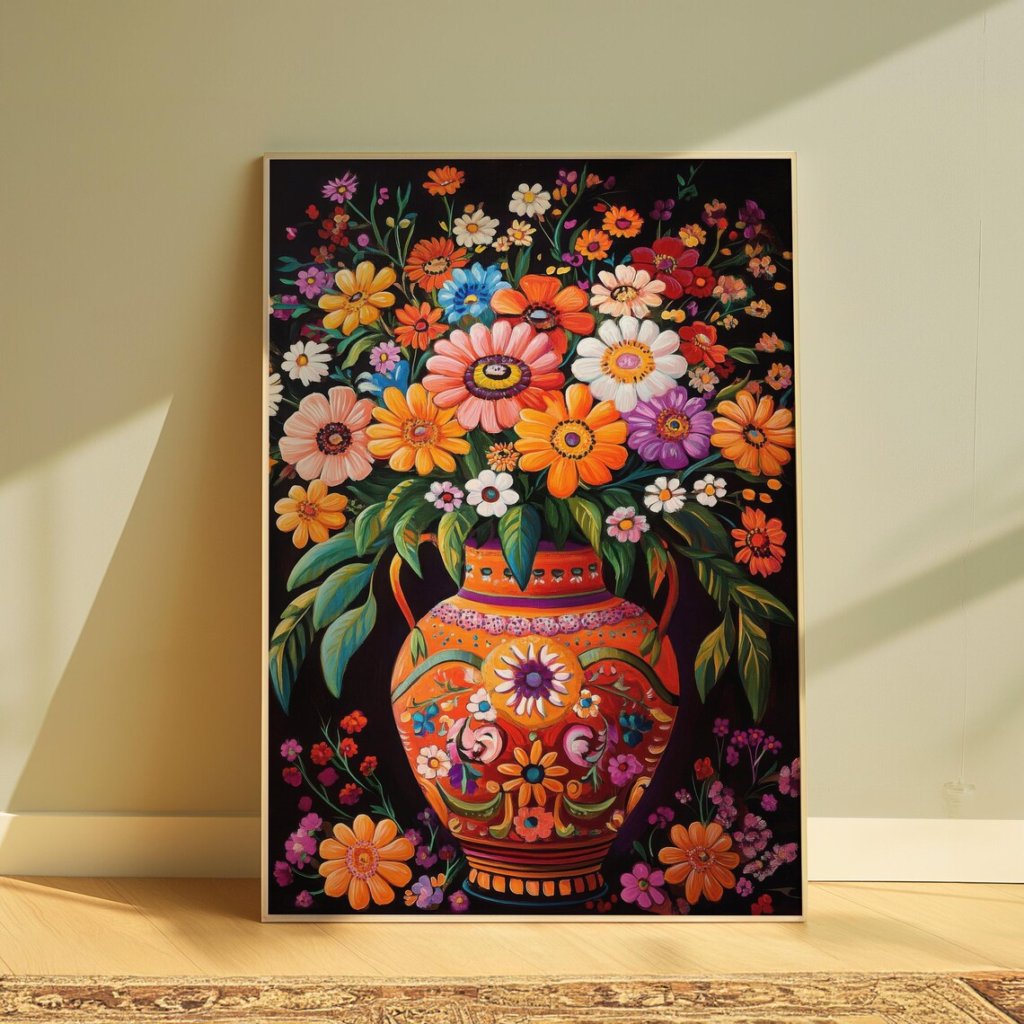 Folk Art Wildflower Bouquet Orange Mexican Vase Black Floral Wall Art