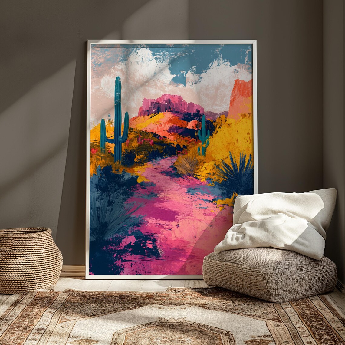 Desert Canyon Trail Saguaro Cacti Pink Mesas Southwest Wall Art Poster - Image 3