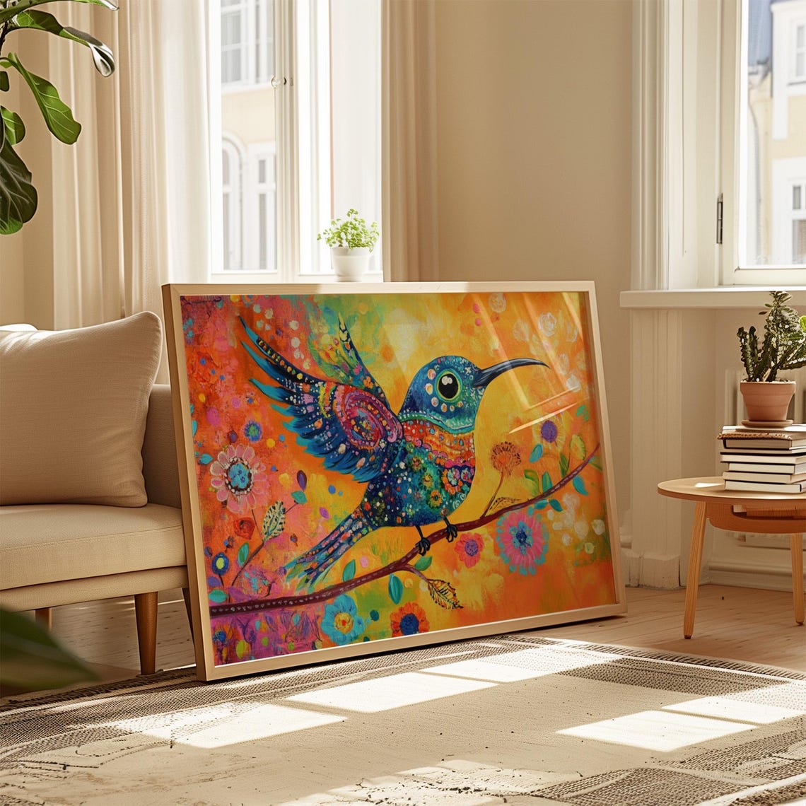 Sapphire Hummingbird Raised Patterned Wings Long Beak Fiesta Art Print - Image 4