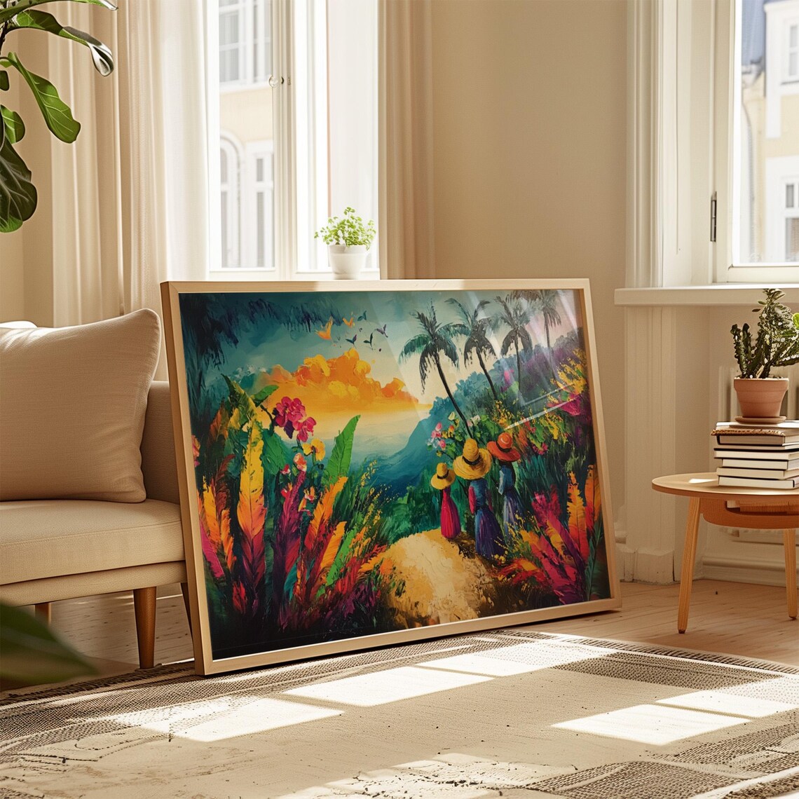 Tropical Jungle Walk Painting Women Palm Trees Ocean View Wall Art Print - Image 4