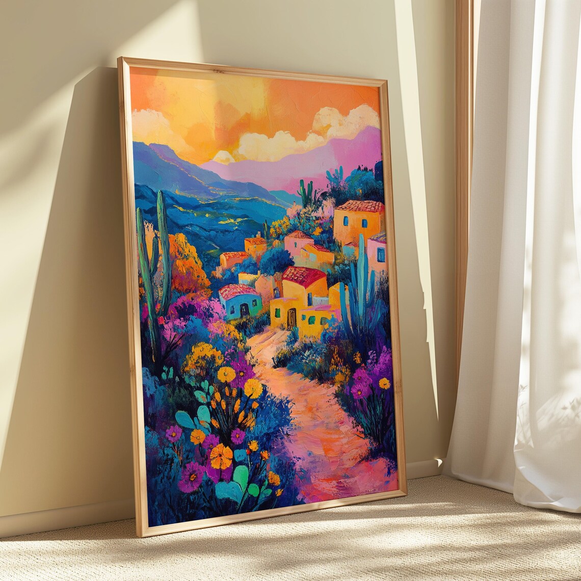 Mexican Village Sunset Hillside Houses Flowers Landscape Art Poster - Image 5