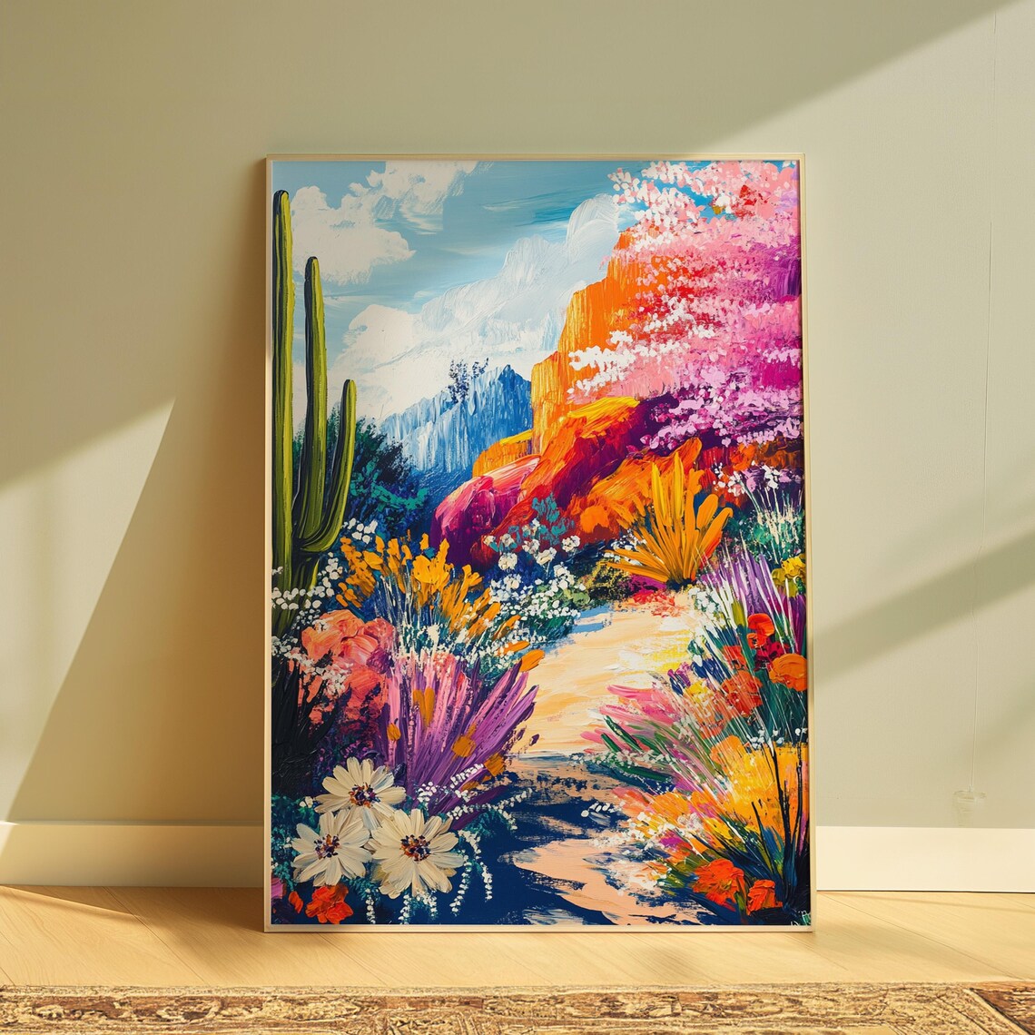 Blooming Desert Canyon Path Saguaro Cactus Pink Wildflowers Blue Sky Landscape Poster