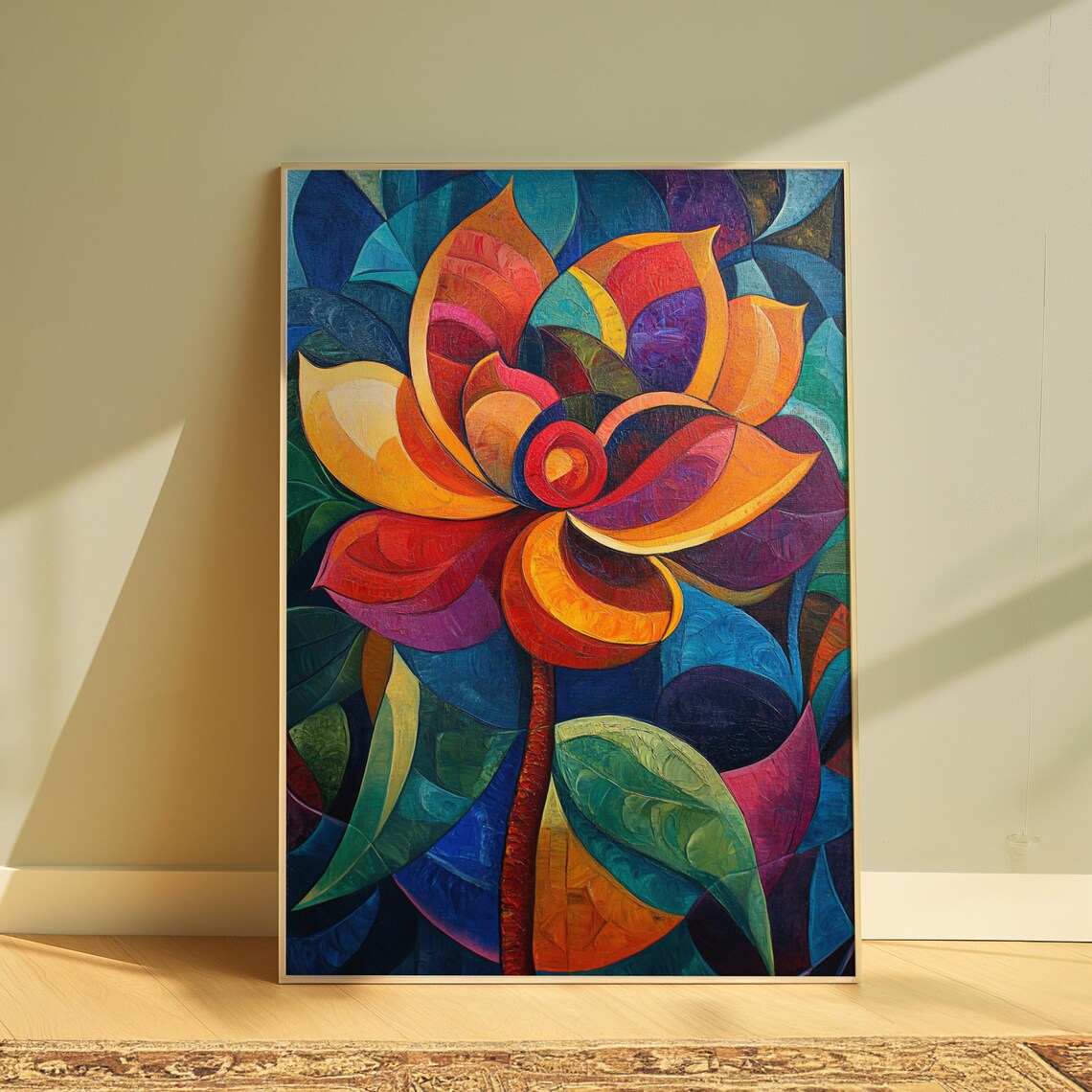 Sunset Dahlia Dark Blue Leaves Stained Glass Floral Art Poster