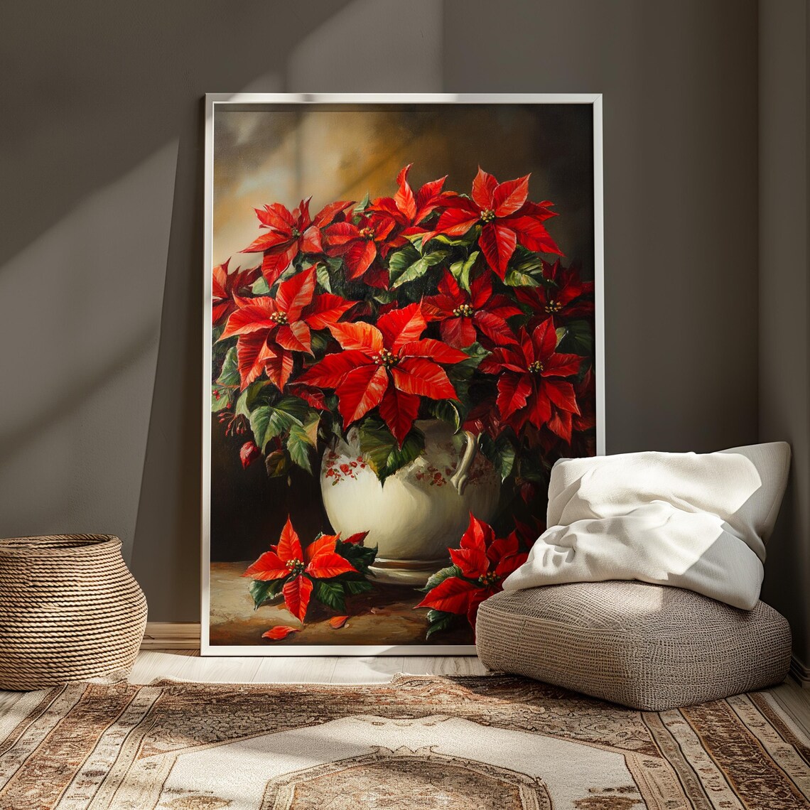 Red Poinsettia White Floral Pitcher Jug Christmas Still Life Poster - Image 4