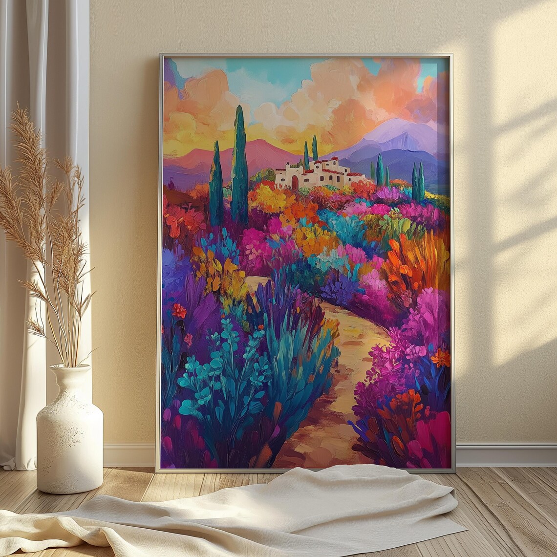 Hilltop Hacienda Red Roofs Flower Path Cypress Trees Sunset Hills Landscape Poster - Image 4