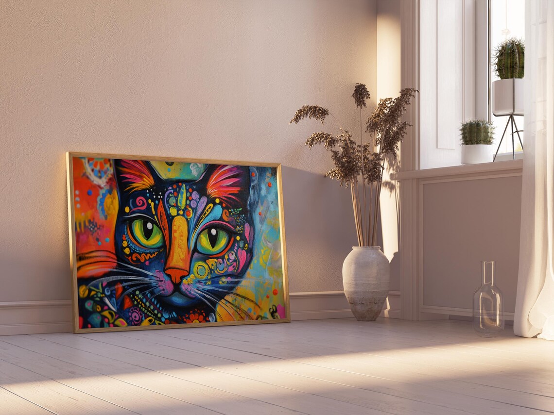 Psychedelic Cat Face Close Up Neon Swirls Big Green Eyes Trippy Poster - Image 2