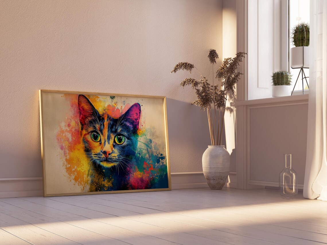 Watercolor Splatter Cat Face Green Eyes Vibrant Rainbow Splash Poster - Image 2
