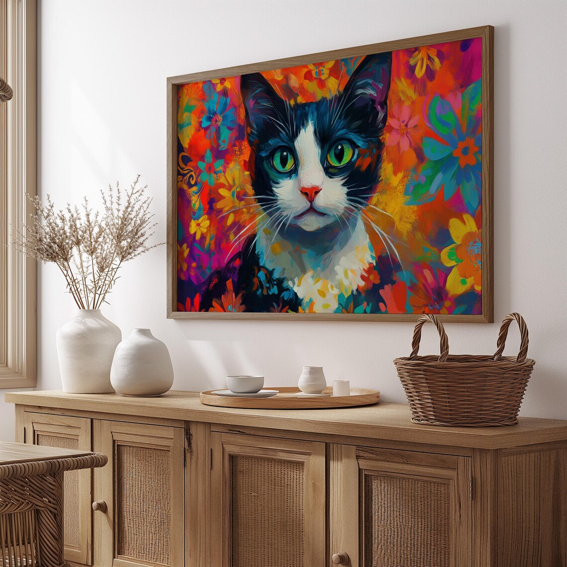Tuxedo Cat Green Eyes Painterly Portrait Colorful Flower Garden Poster