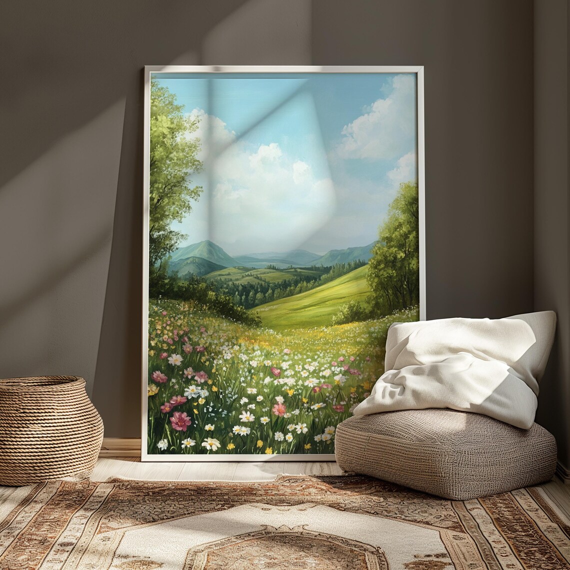 Lush Green Valley Wildflower Meadow Mountain View Oil Painting Poster - Image 3