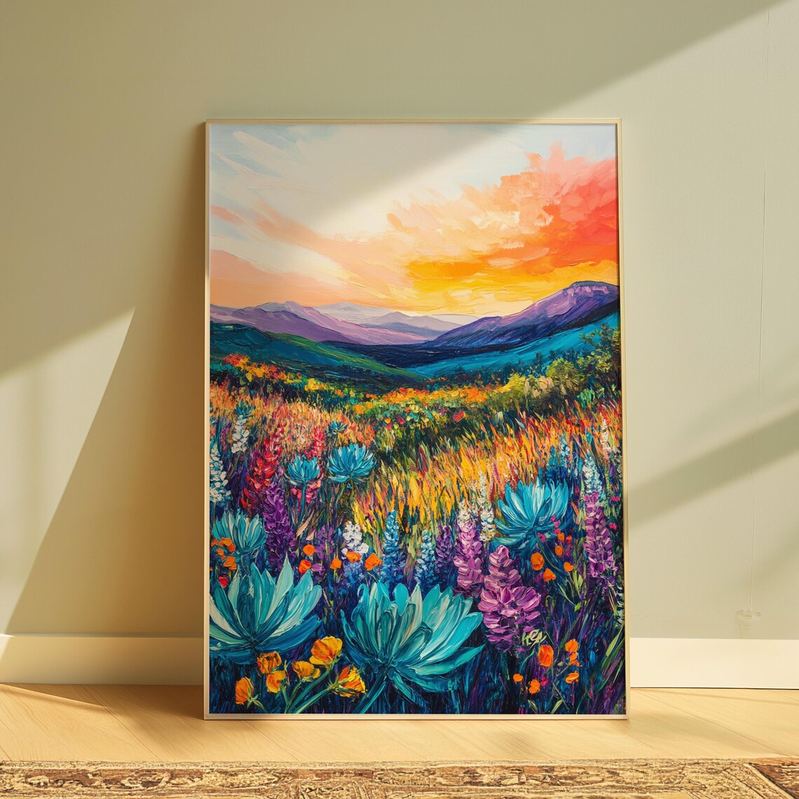 Desert Agave Wildflower Field Vibrant Sunset Mountain Art Print