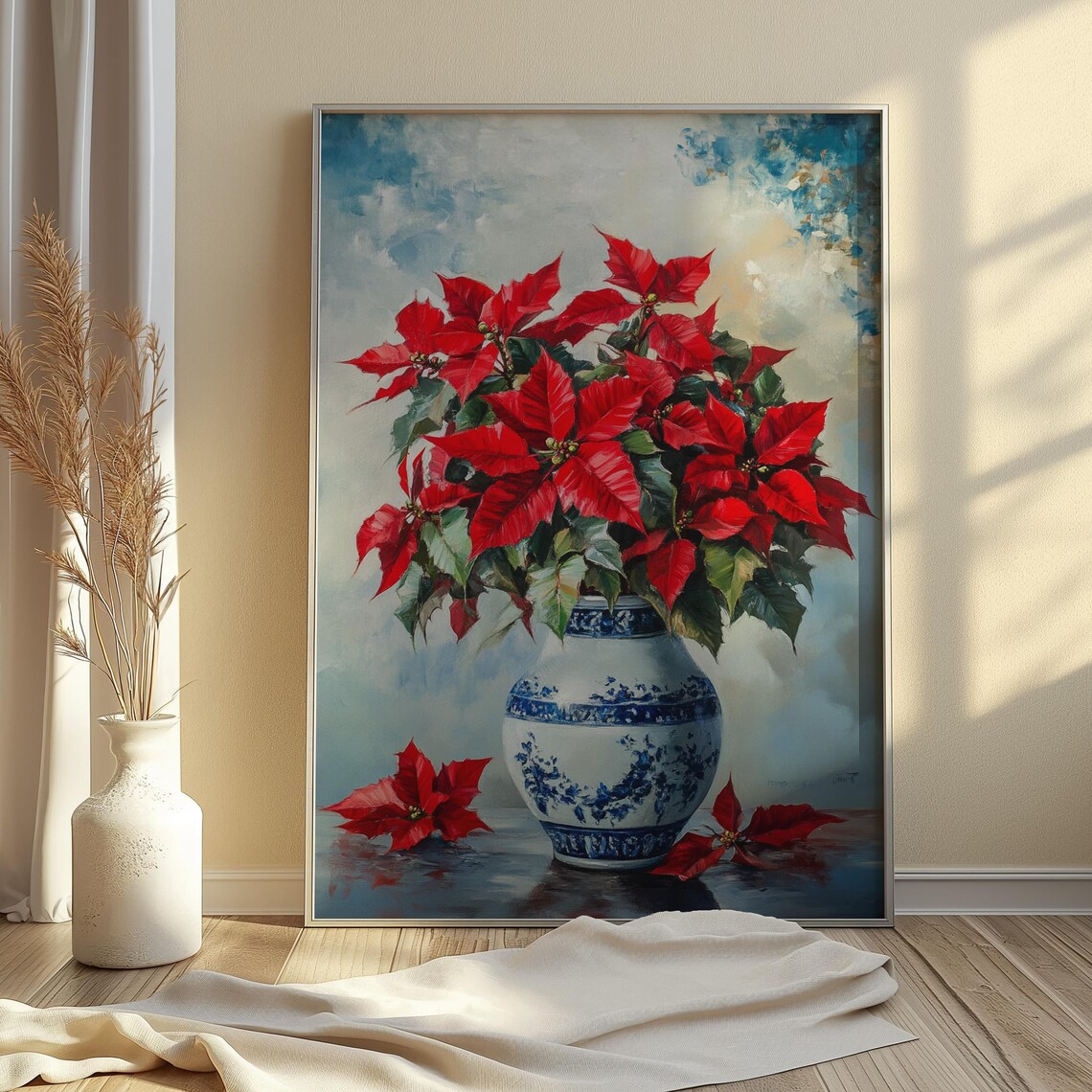 Red Poinsettia Blue Porcelain Vase Watercolor Christmas Poster - Image 3