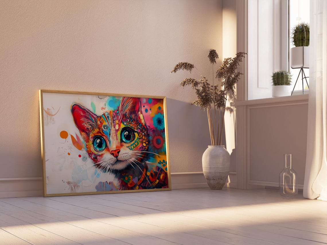 Mexican Folk Art Cat Face Big Blue Eyes Floral Mandala Boho Cat Poster - Image 2