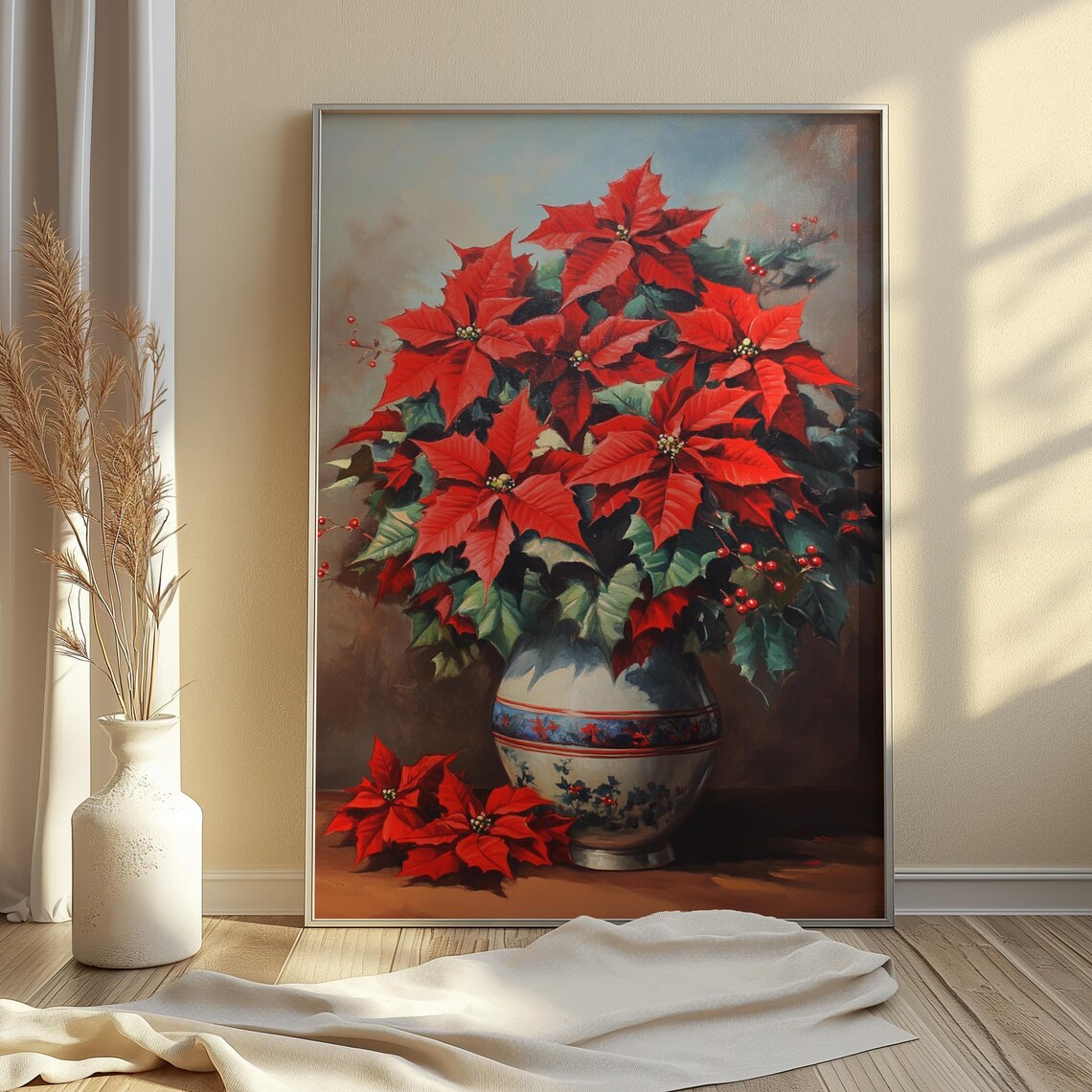 Red Poinsettia Berries Banded Vase Classic Christmas Still Life Poster - Image 3