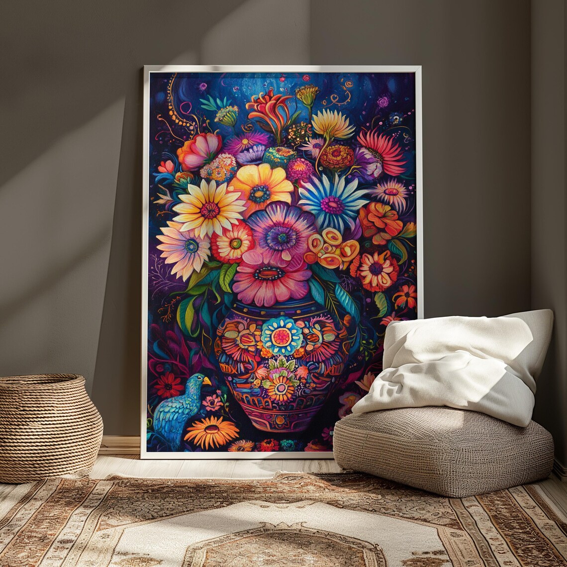 Moody Mexican Folk Art Pink Purple Floral Bouquet With Bird Wall Print - Image 4