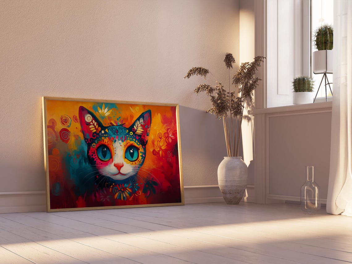 Folk Art Cat Big Blue Eyes Ornate Patterns Warm Red Orange Poster - Image 2