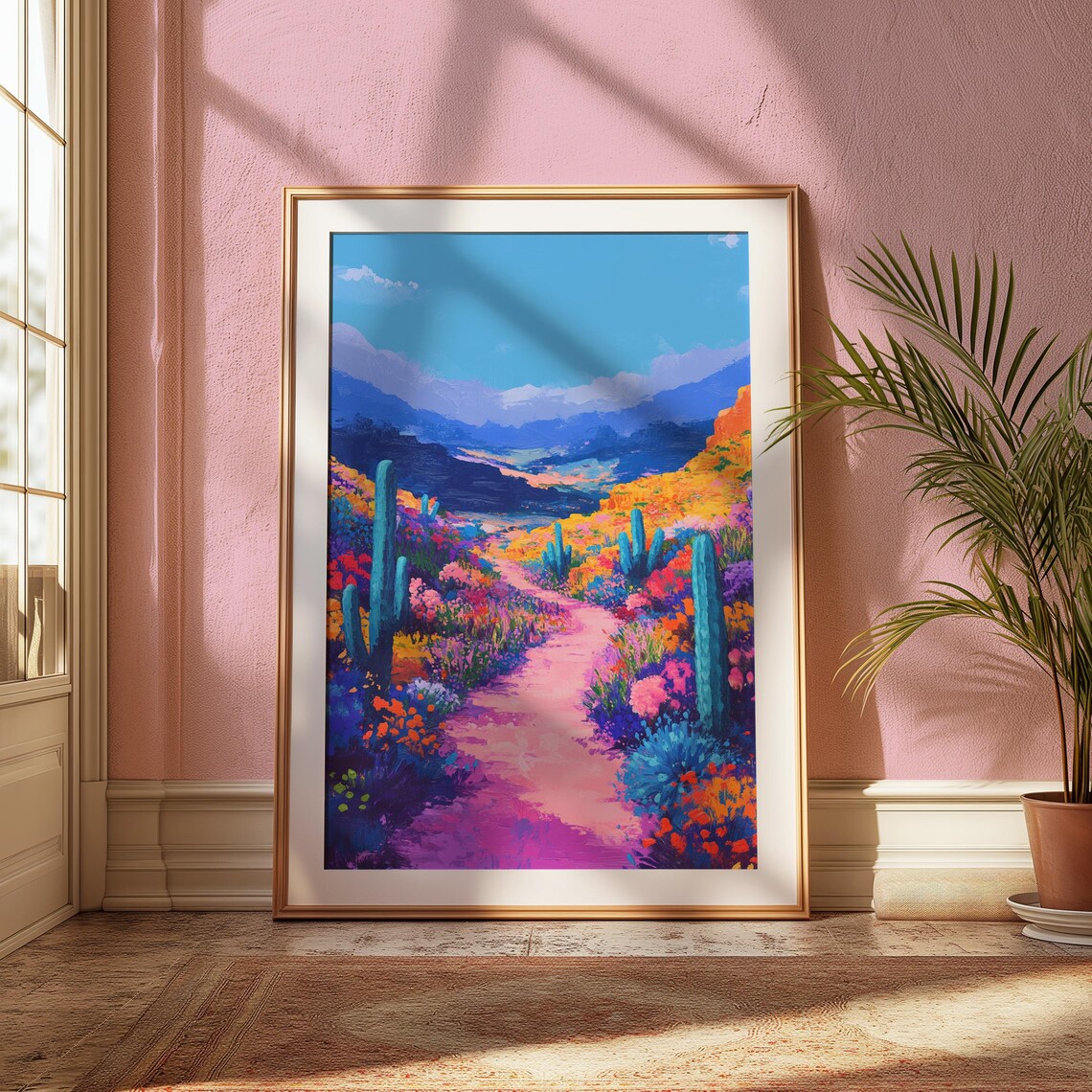 Pink Desert Trail Teal Cacti Wildflower Bloom Golden Hills Mountain Vista Poster - Image 2