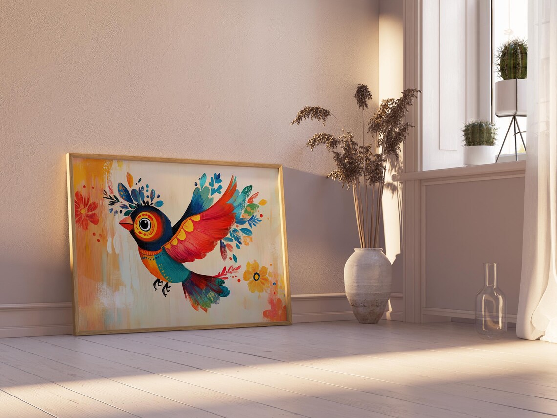 Flying Folk Art Bird Red Wings Cream Floral Background Poster - Image 2
