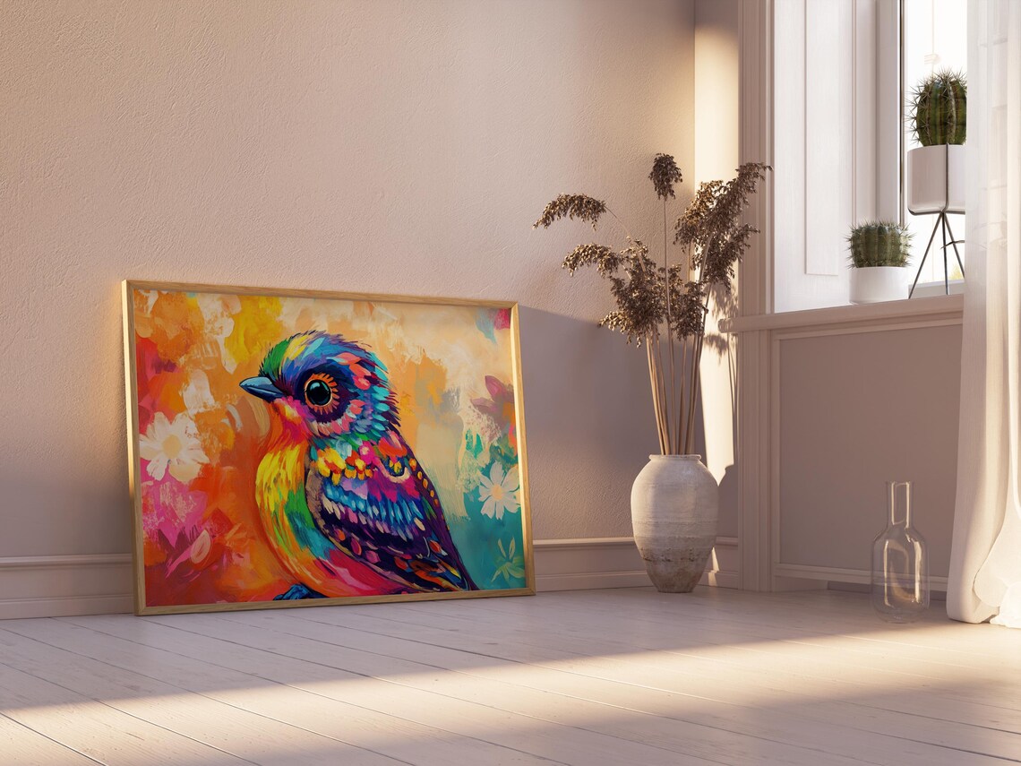 Rainbow Plumage Songbird Portrait Colorful Bird Flower Art Print - Image 2