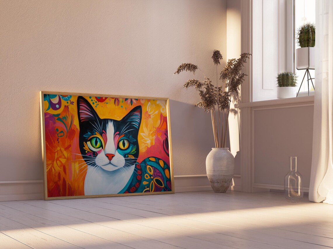 Tuxedo Cat Portrait Mismatched Eyes Colorful Folk Art Orange Poster - Image 2