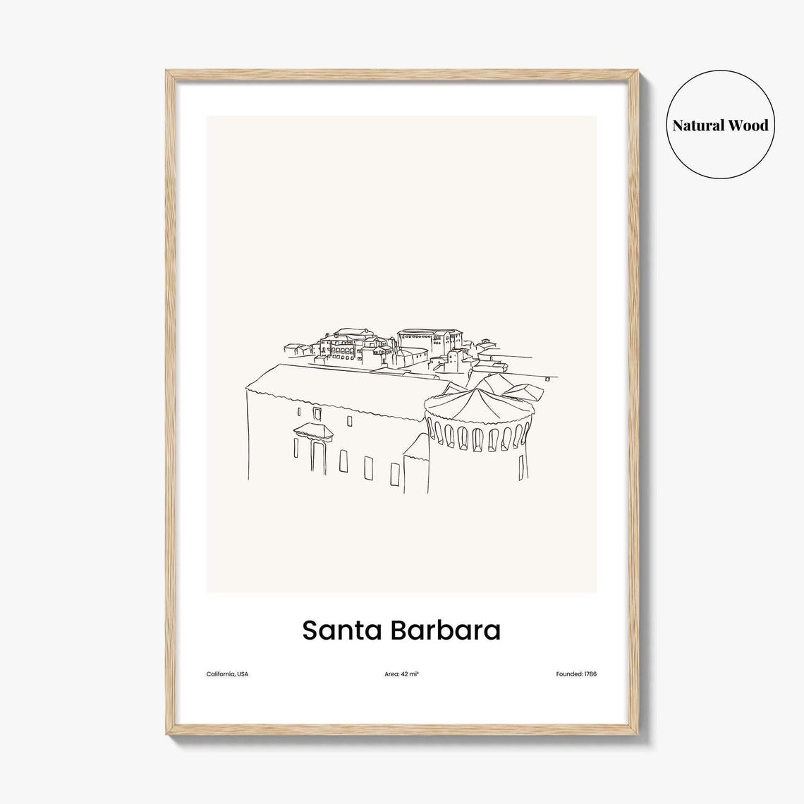 Santa Barbara California Mission Style One Line Travel Art Poster - Image 2