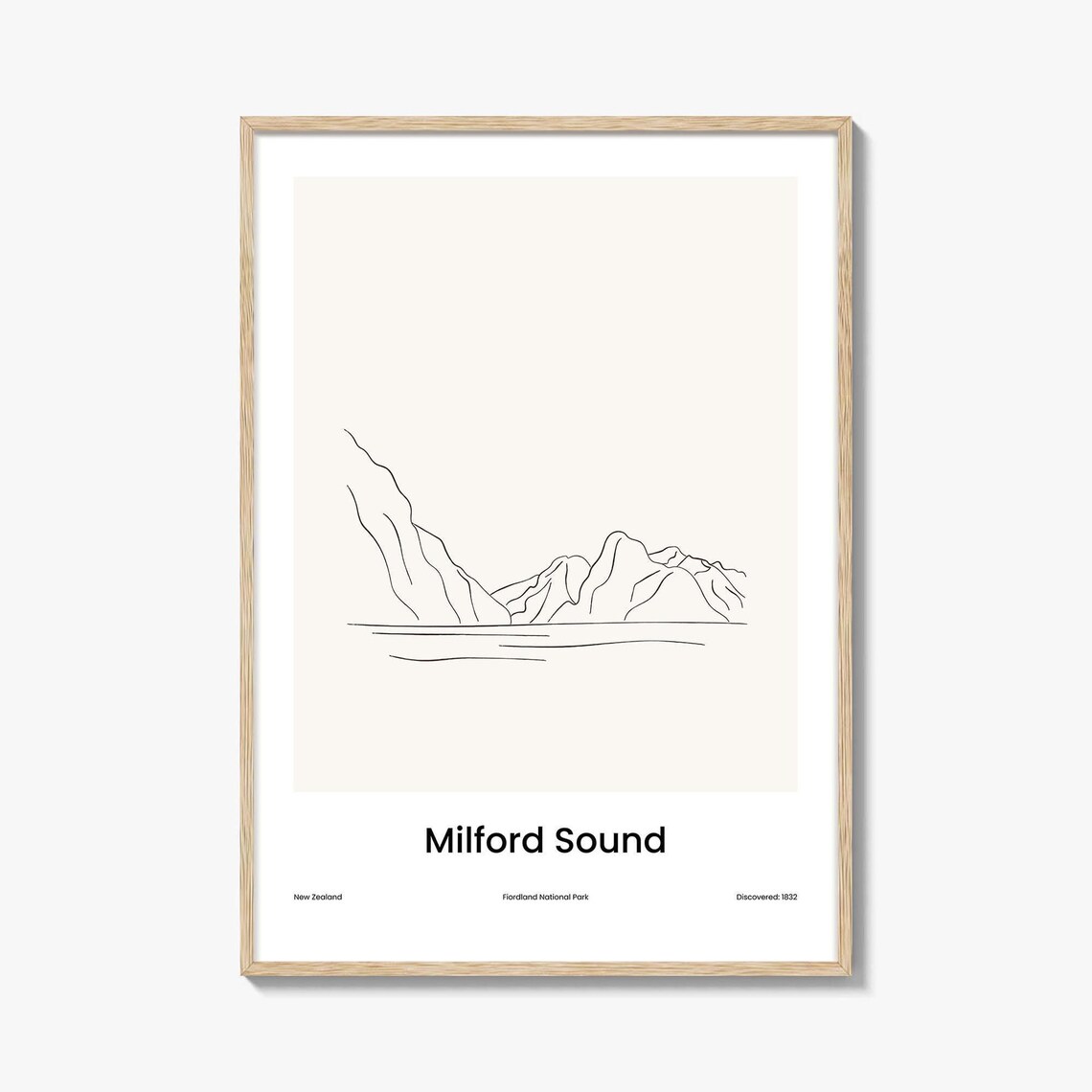Milford Sound New Zealand Fjord Line Drawing Landscape Poster