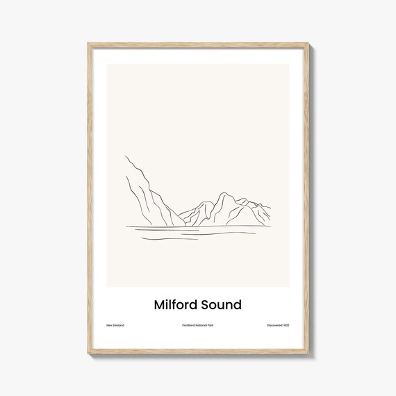 Milford Sound New Zealand Fjord Line Drawing Landscape Poster