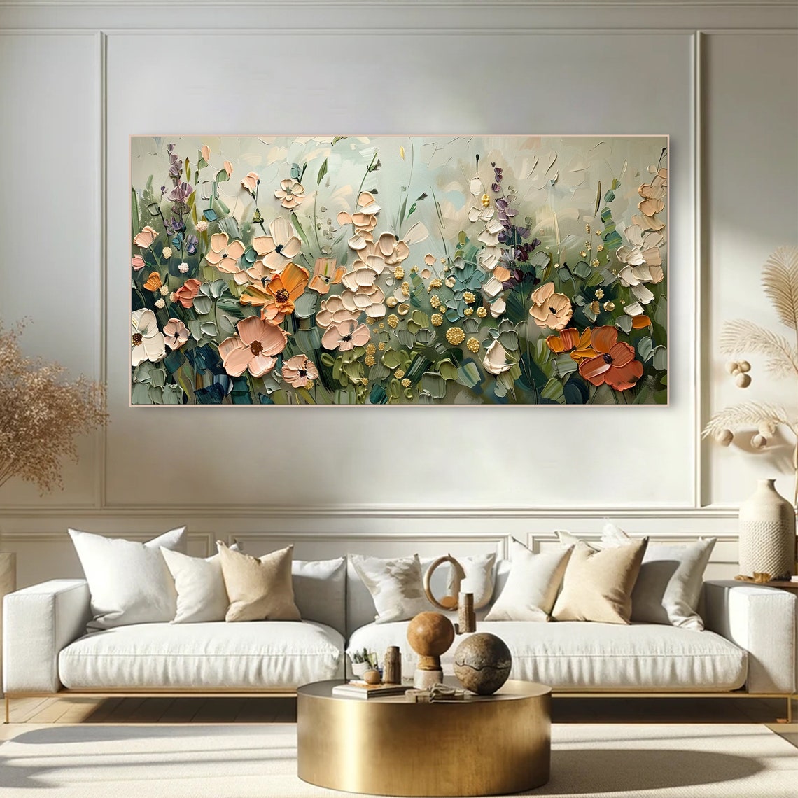 Pastel Wildflower Meadow Soft Peach Sage Botanical Impasto Art Poster - Image 3
