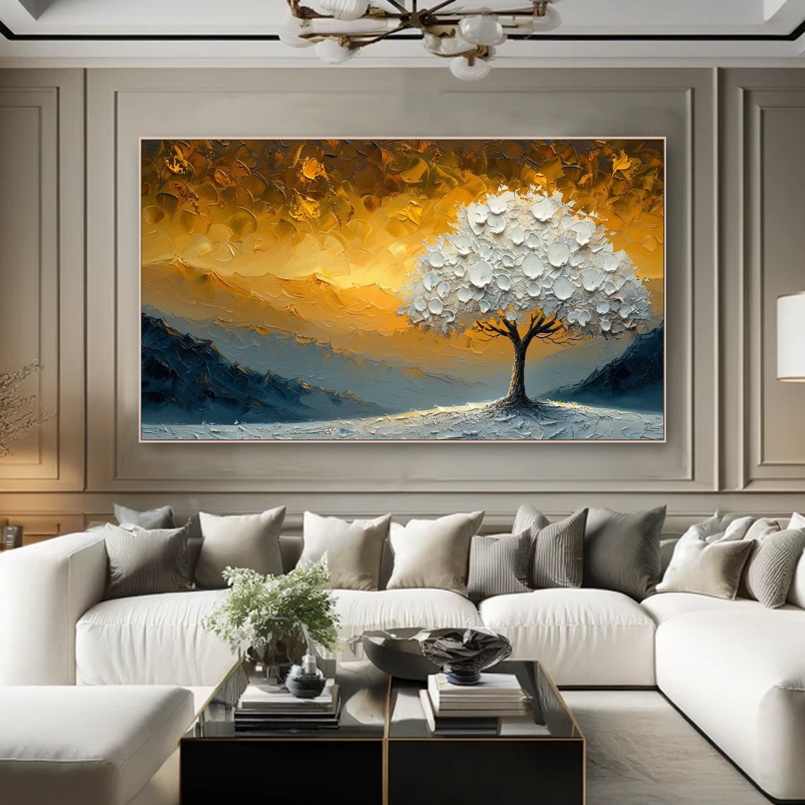 White Blossom Tree Golden Sunset Mountains Textured Art Poster - Image 6
