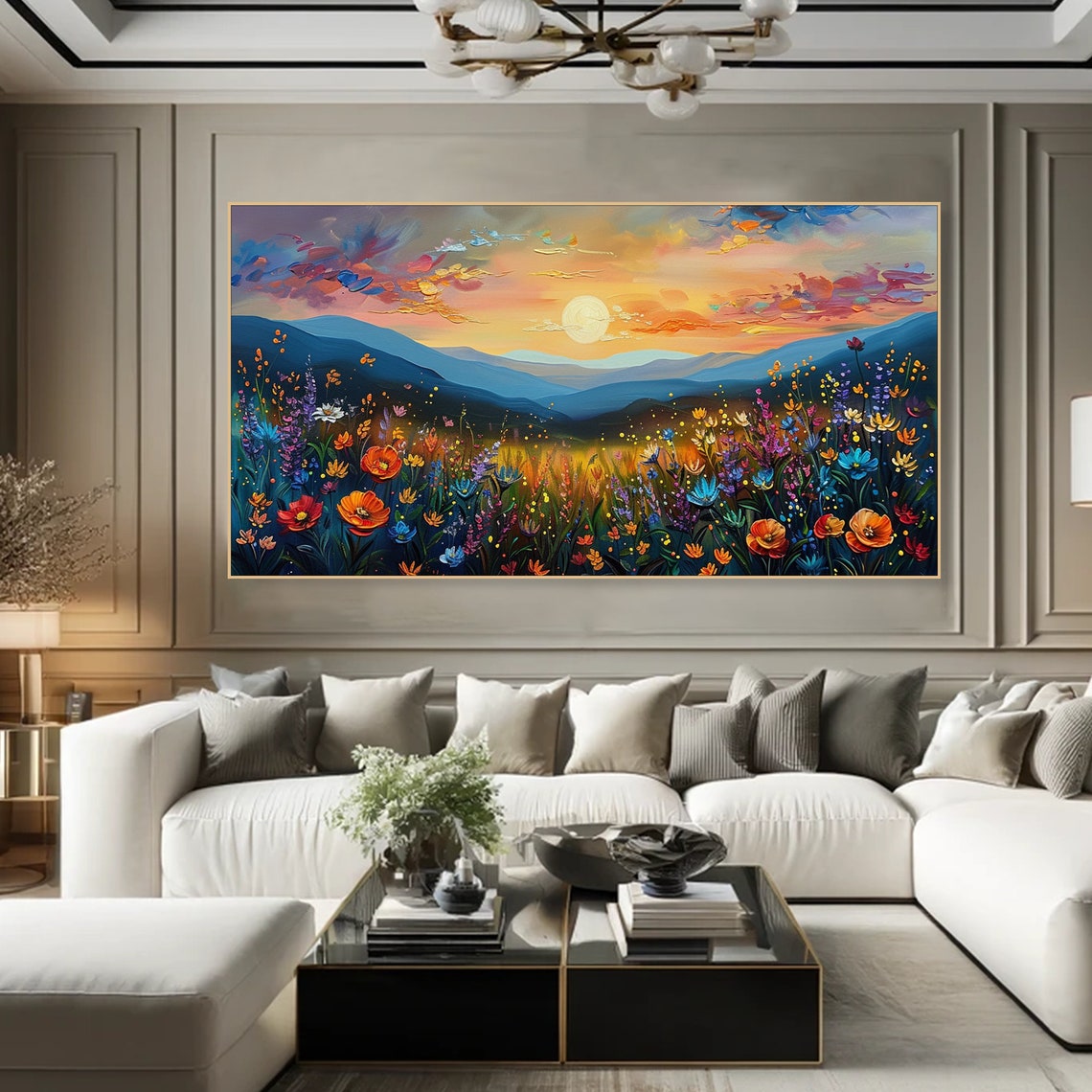 Colorful Flowers Under Gold Sun Scenic Landscape Oil Painting Colorful Wildflowers Art Large Wall Art Living Room Decor Nature Inspired Art - Image 4