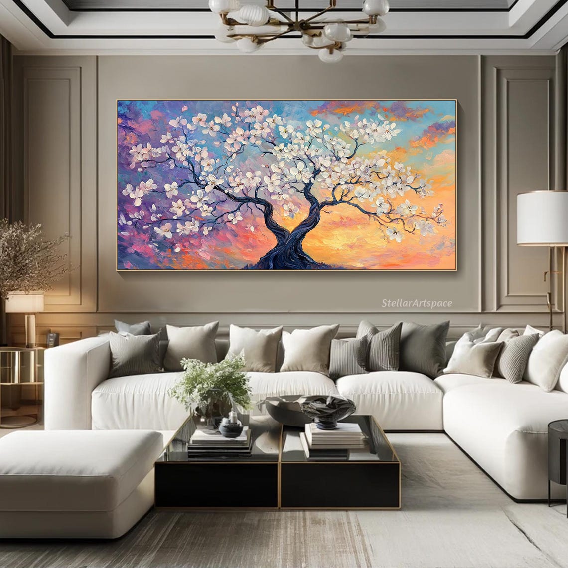 White Blossom Tree Sunset Sky Purple Orange Floral Painting Art Poster - Image 3