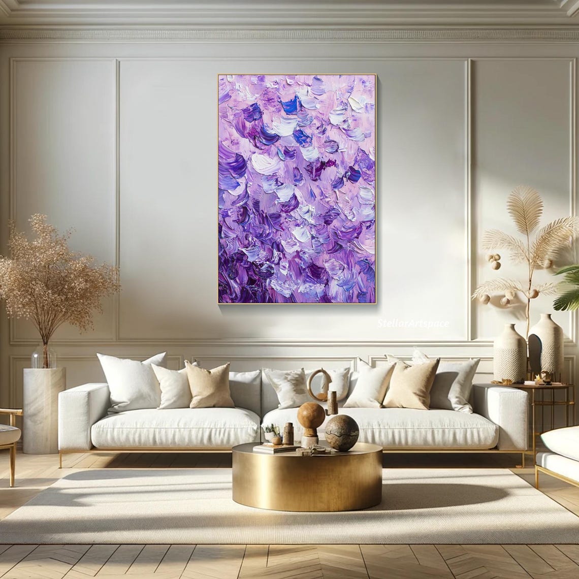 Purple Violet Abstract Palette Knife Brushstrokes Textured Wall Art - Image 4