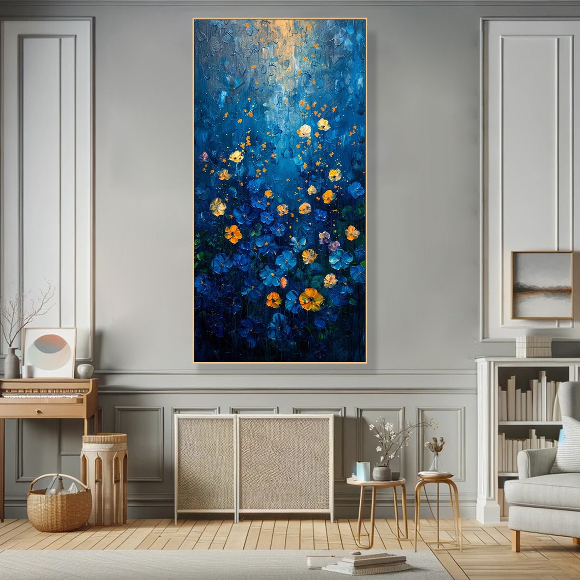 Midnight Garden Blue Flowers Gold Sparkles Vertical Floral Art Poster - Image 2