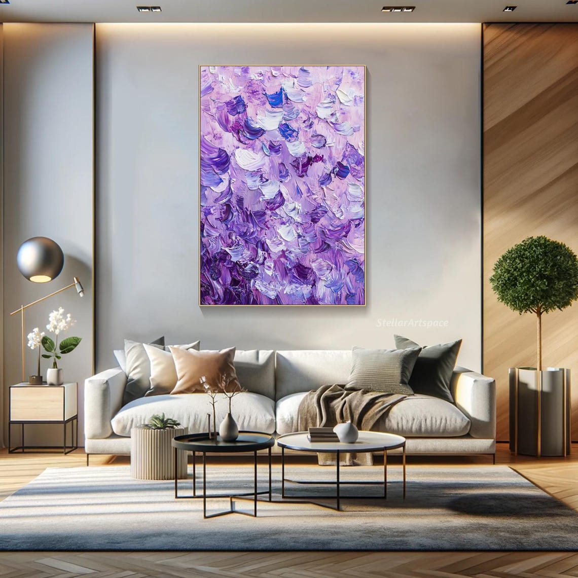 Purple Violet Abstract Palette Knife Brushstrokes Textured Wall Art - Image 2