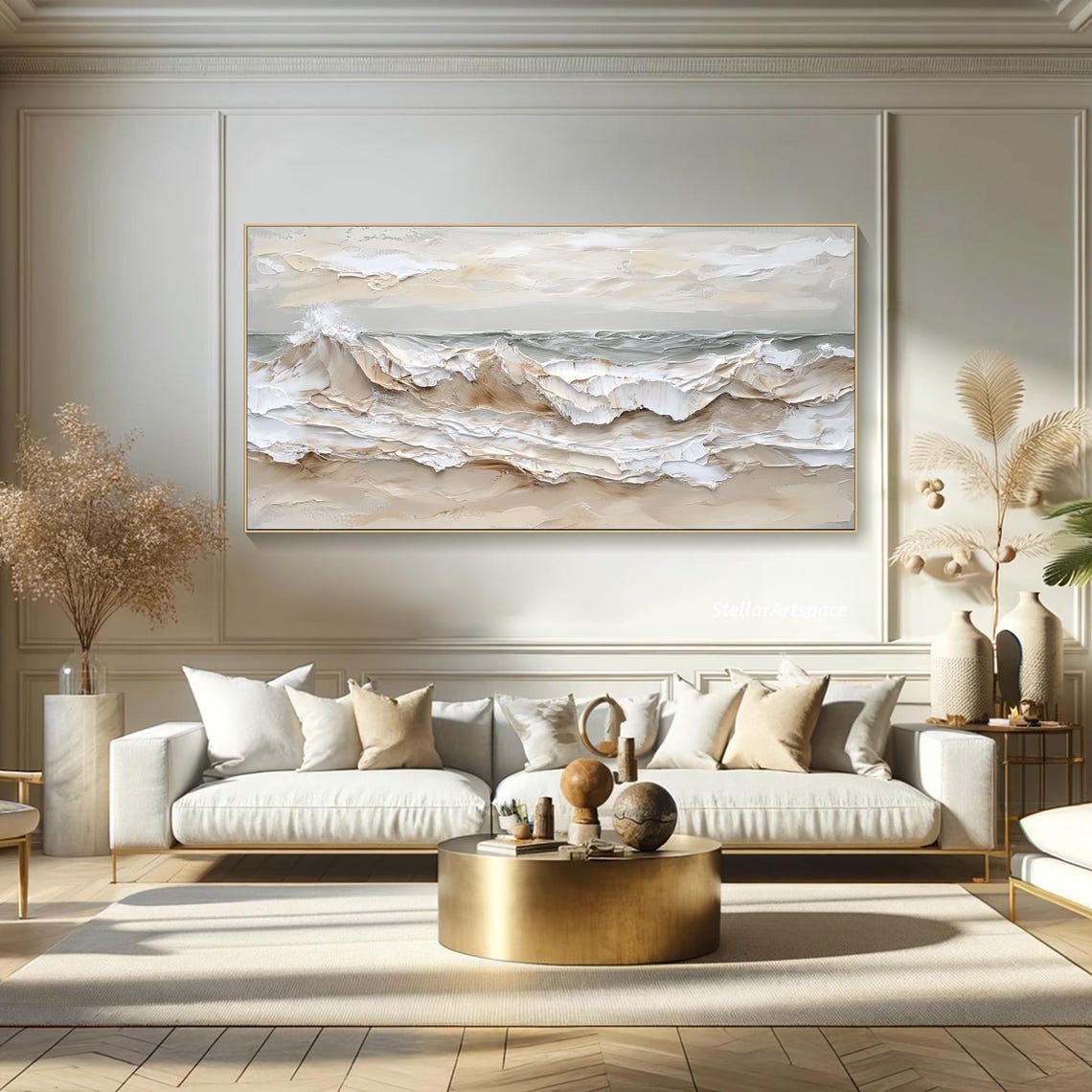 Neutral Ocean Waves Beige White Minimalist Coastal Impasto Art Poster - Image 3