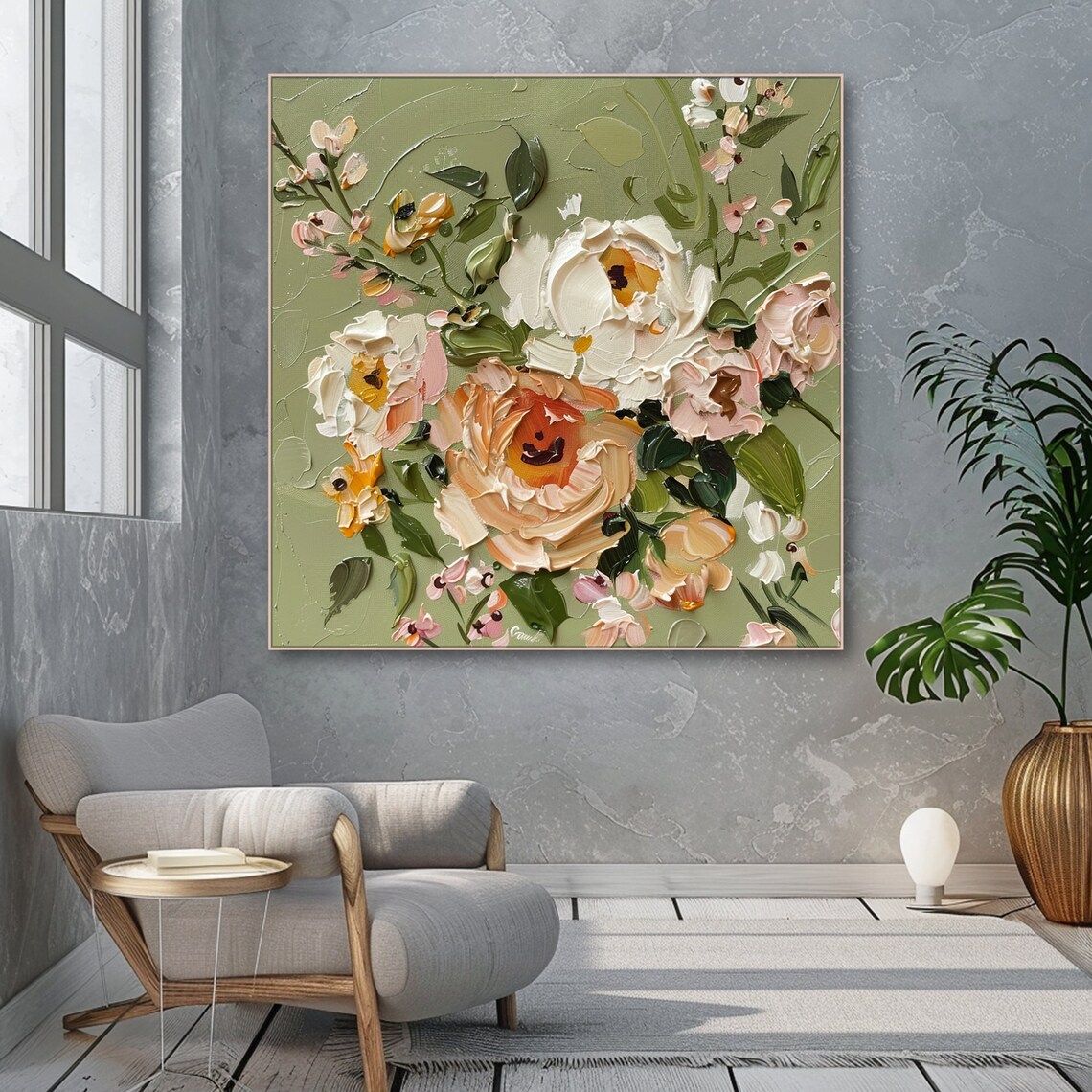 White Peony Bloom Impasto Oil Painting Neutral Floral Botanical Poster - Image 6