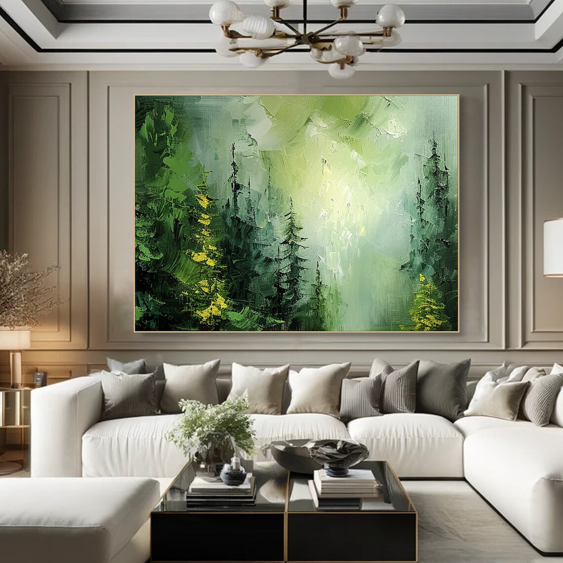 Misty Green Pine Forest Sunlight Textured Impasto Oil Art Print - Image 4