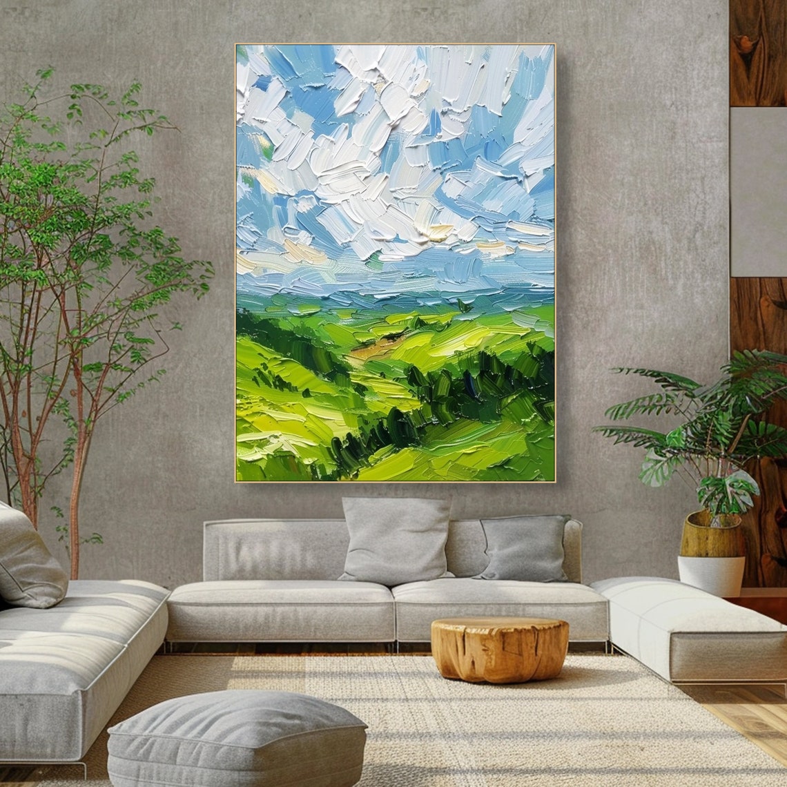 Rolling Green Hills Bright Textured Sky Sunny Impasto Landscape Poster - Image 4
