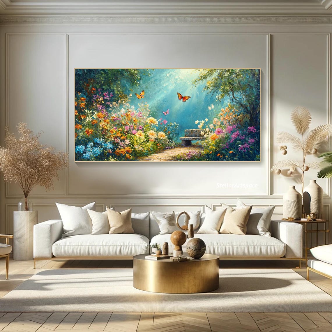 Butterfly Garden Colorful Blossoms Bench Sunny Path Painting Poster - Image 5