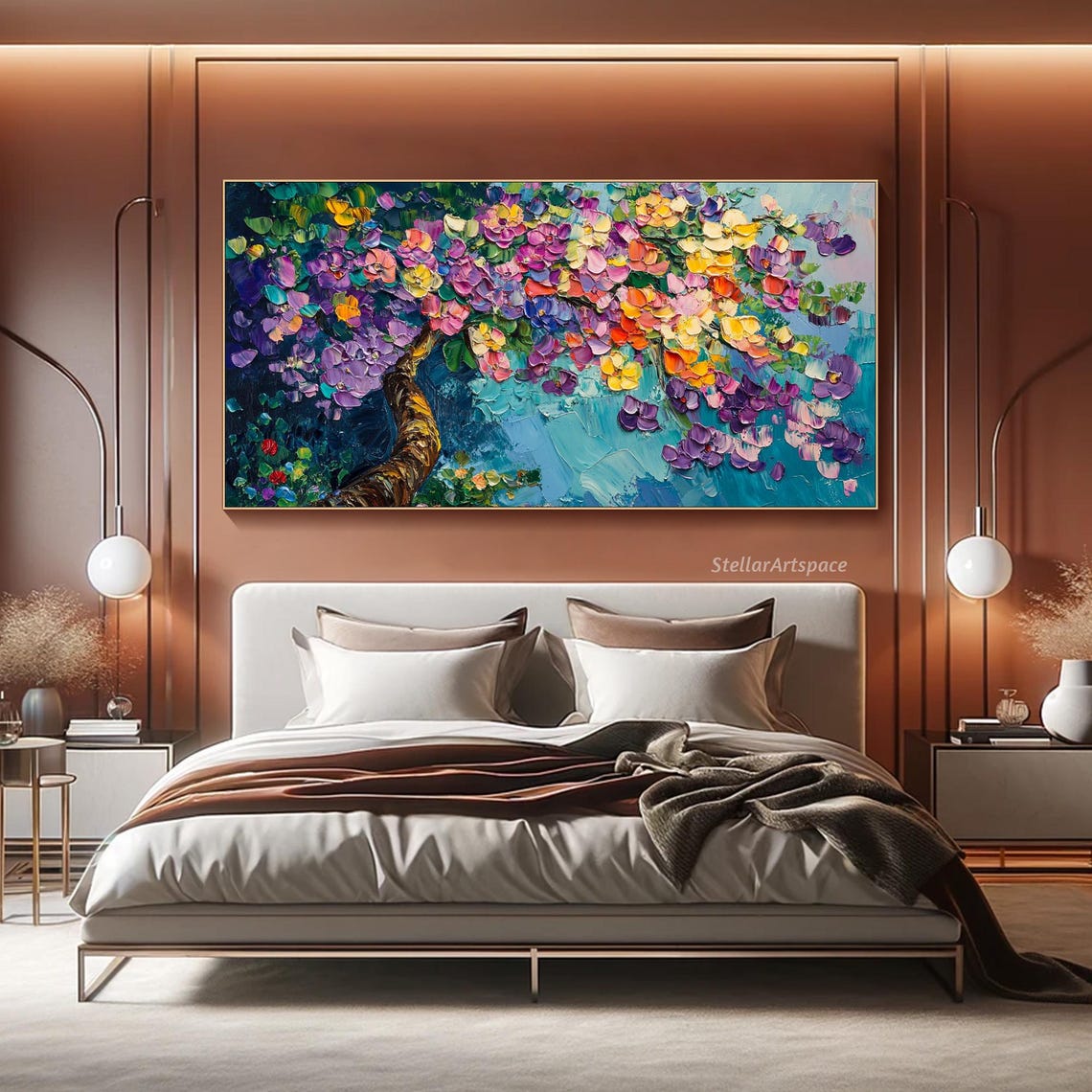 Flowering Tree Branch Colorful Blossoms Turquoise Impasto Art Poster - Image 2