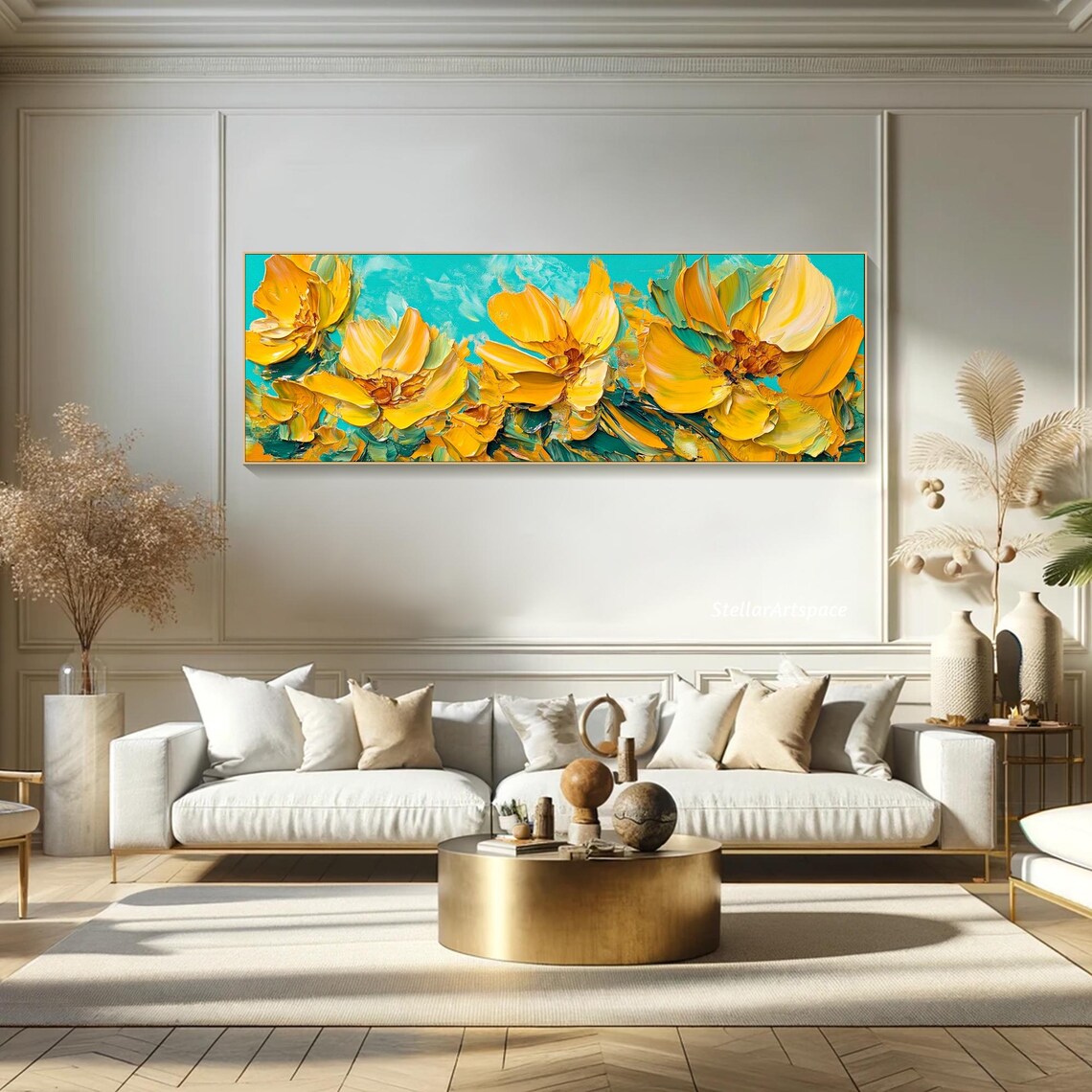 Bright Yellow Blossom Field Turquoise Sky Impasto Floral Art Poster - Image 5