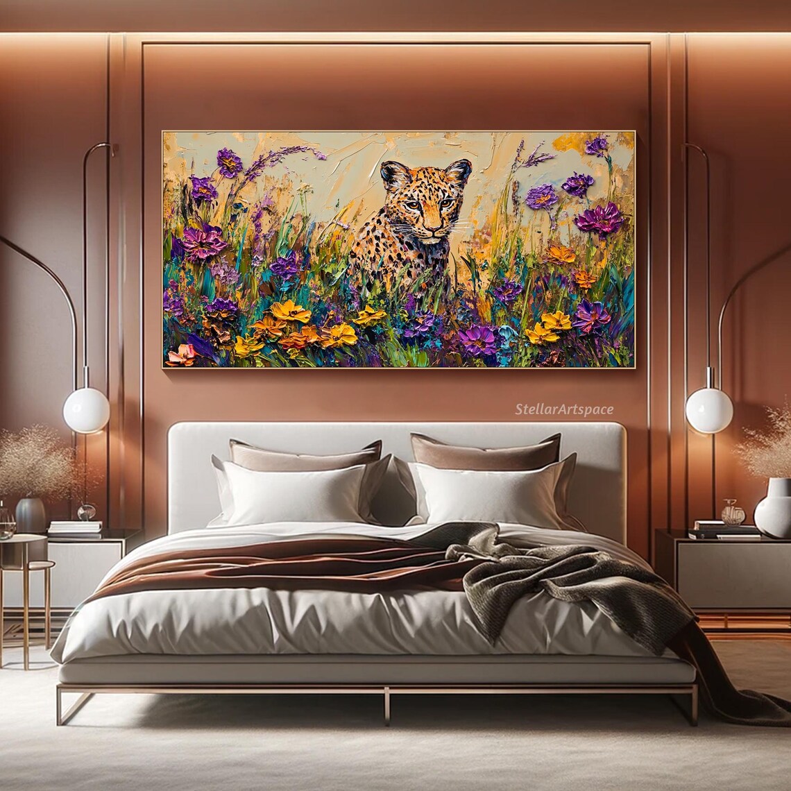 Leopard In Wildflower Meadow Colorful Wildlife Big Cat Painting Art Poster - Image 2