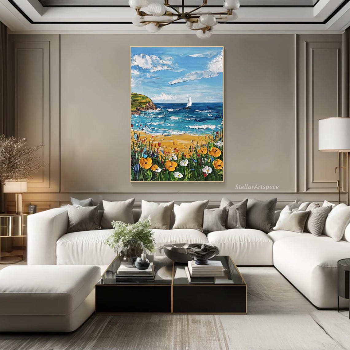 Sailboat Coast Cliff Wildflowers Foreground Textured Seascape Poster - Image 3