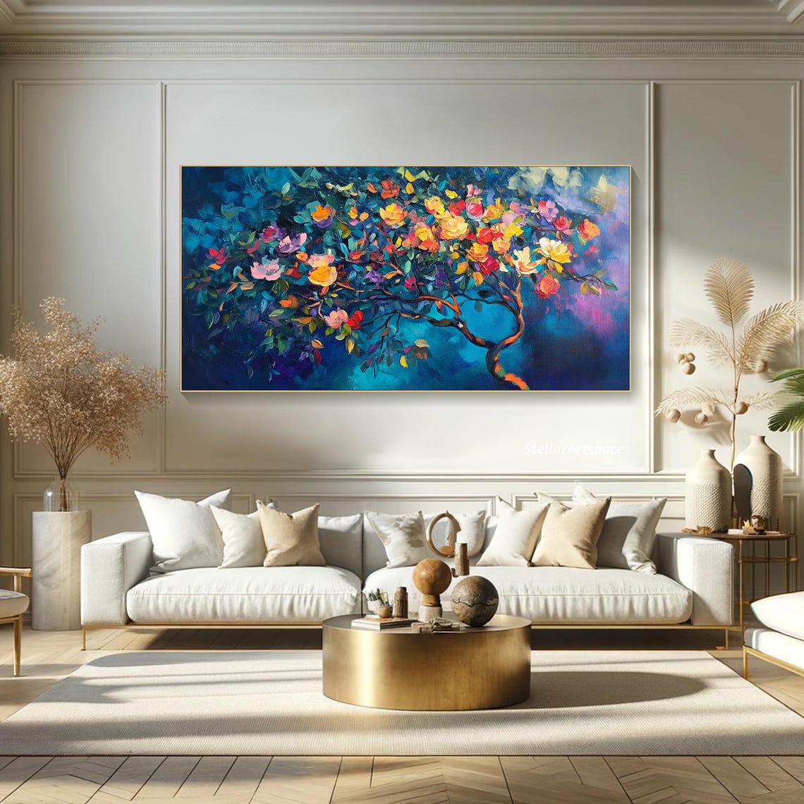 Blossom Tree Rainbow Flowers Teal Night Sky Impasto Art Poster - Image 4