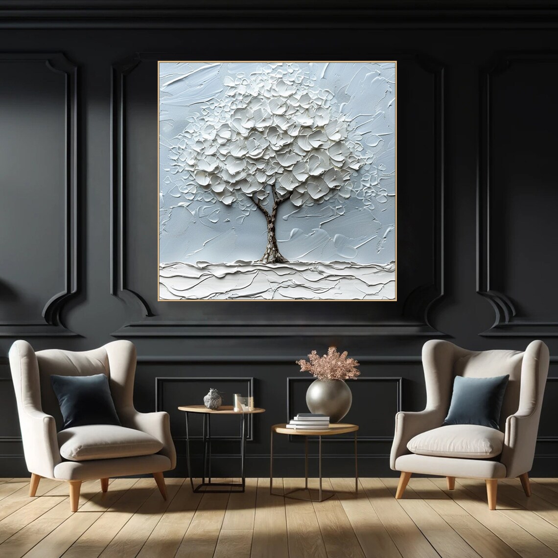 White Tower Tree Oil Painting On Elegant Abstract Tree Texture Wall Art Unique Tree Living Room Decor Custom Over Sofa Decor - Image 6